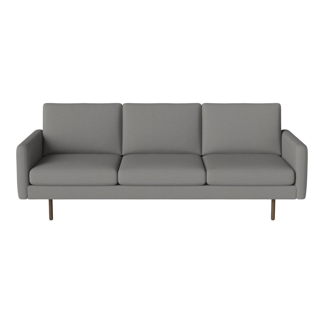 Modern gray sofa with clean lines and minimalistic design, featuring three plush cushions and simple metal legs.