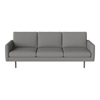 Modern gray sofa with clean lines and minimalistic design, featuring three plush cushions and simple metal legs.