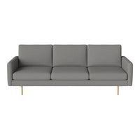 Gray three-seater sofa with smooth fabric and wooden legs, featuring a minimalist design for modern decor.