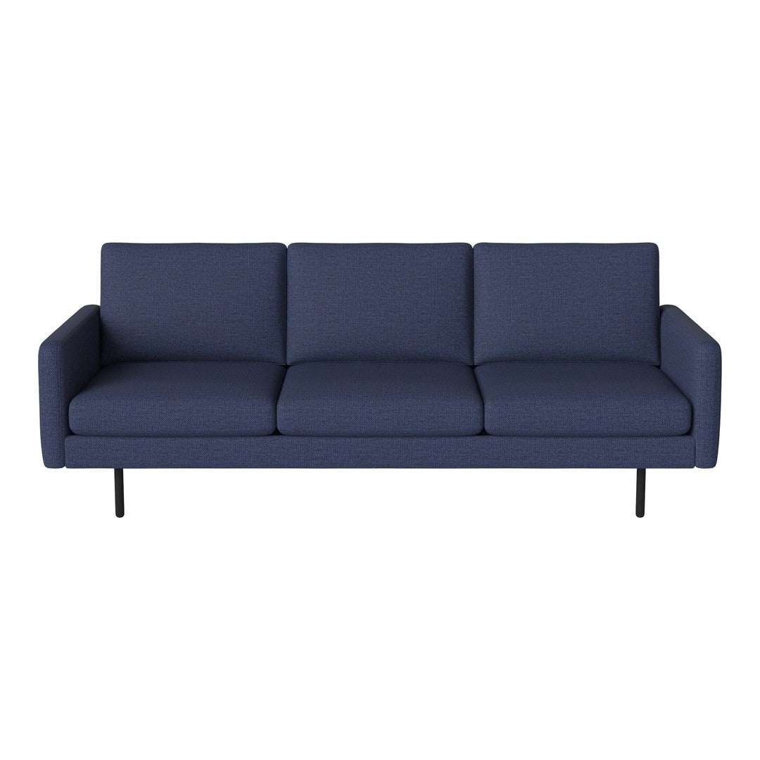 Navy blue fabric sofa with a minimalist design and smooth, solid color upholstery.