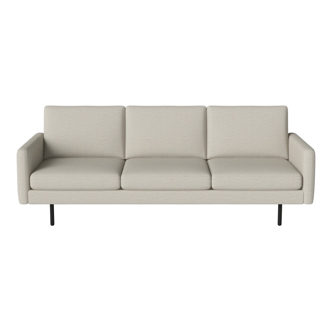 Modern beige sofa with clean lines and a minimalist design, featuring a smooth fabric texture and sleek black legs.