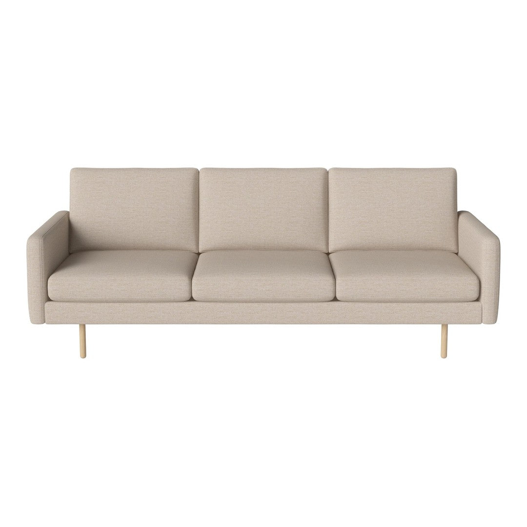 Beige modern sofa with sleek lines and a minimalist design, featuring solid wooden legs and unembellished upholstery.
