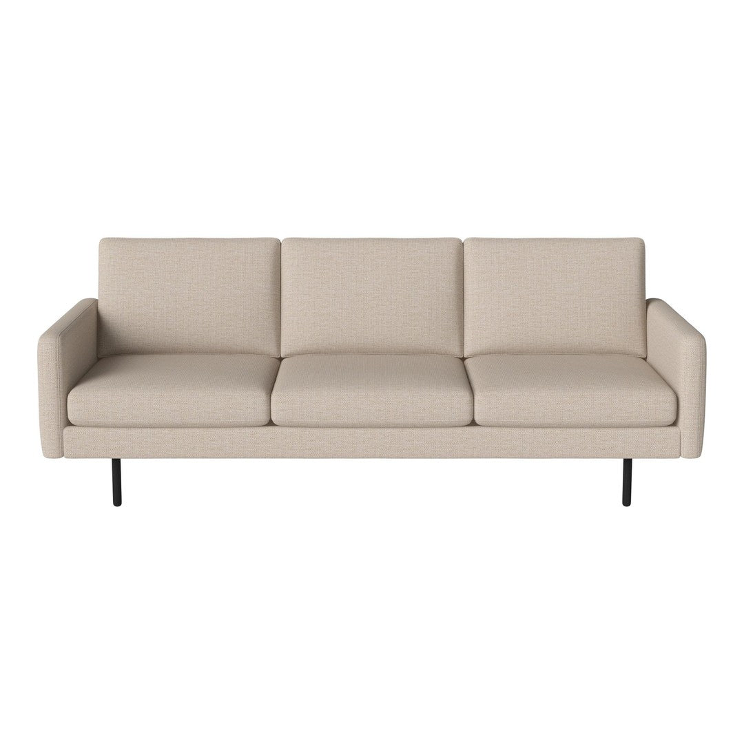 Beige modern sofa with a sleek design, featuring a smooth fabric finish and minimalist black legs.