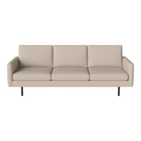 Beige modern sofa with a sleek design, featuring a smooth fabric finish and minimalist black legs.