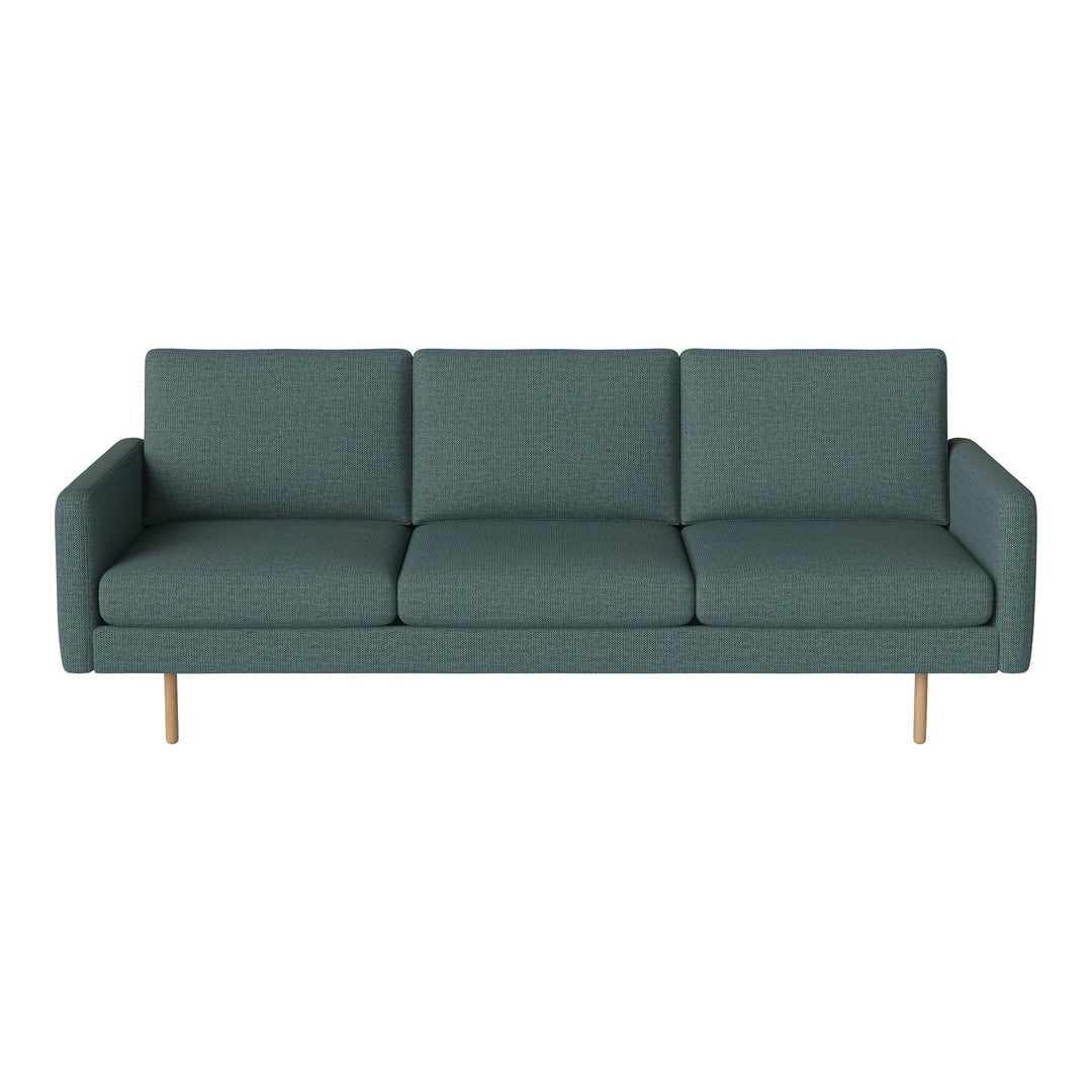 Teal three-seater sofa with textured fabric and light wooden legs, perfect for modern decor.