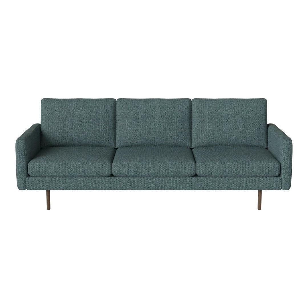 Teal upholstered sofa with a textured pattern and sleek wooden legs, perfect for modern living spaces.