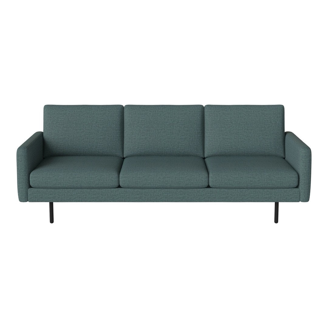 Teal three-seater sofa with a textured pattern and sleek black legs, perfect for modern living spaces.