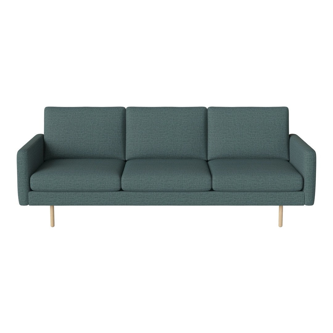 Teal three-seat sofa with a subtle textured pattern and wooden legs, perfect for modern living spaces.