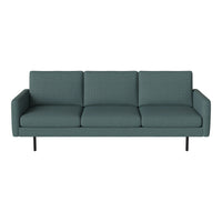 Teal three-seater sofa with textured upholstery and sleek black legs, perfect for modern living spaces.