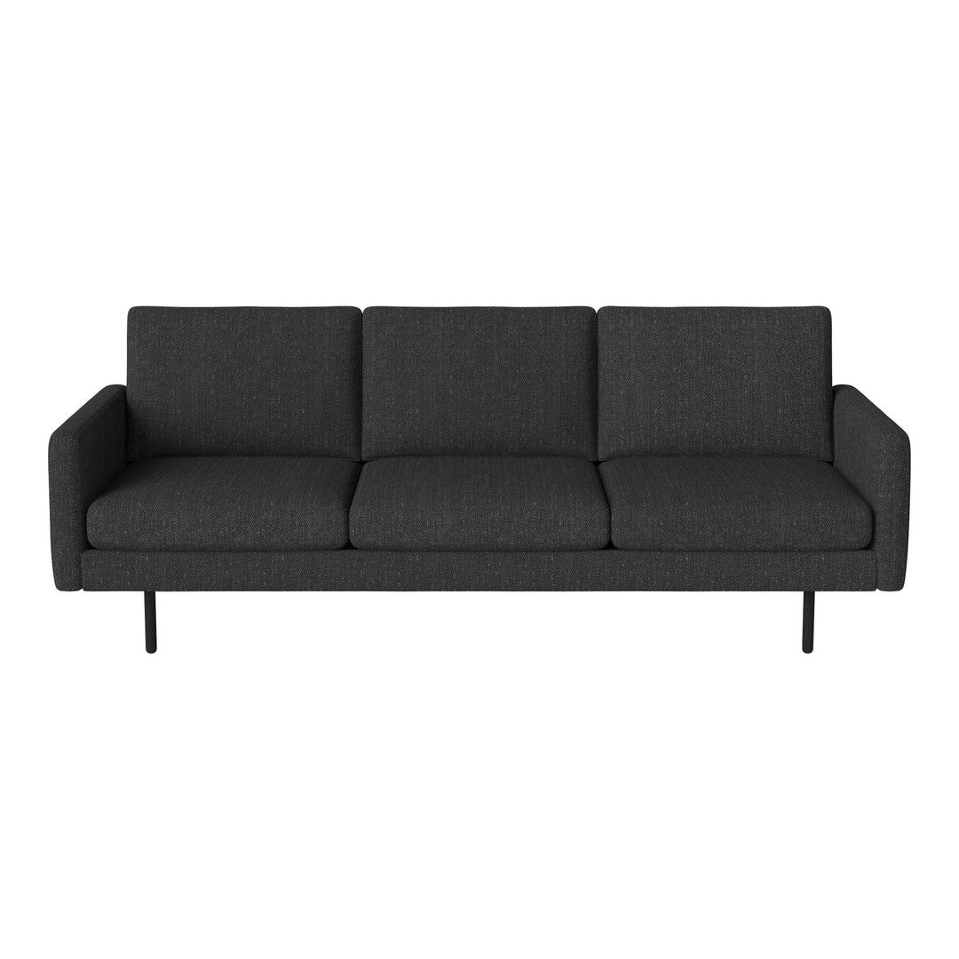 Modern dark gray sofa with clean lines and a textured fabric, featuring three plush cushions and sleek black legs.