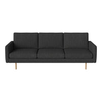 Modern gray three-seater sofa with a smooth texture and minimalist design, featuring natural wood legs.