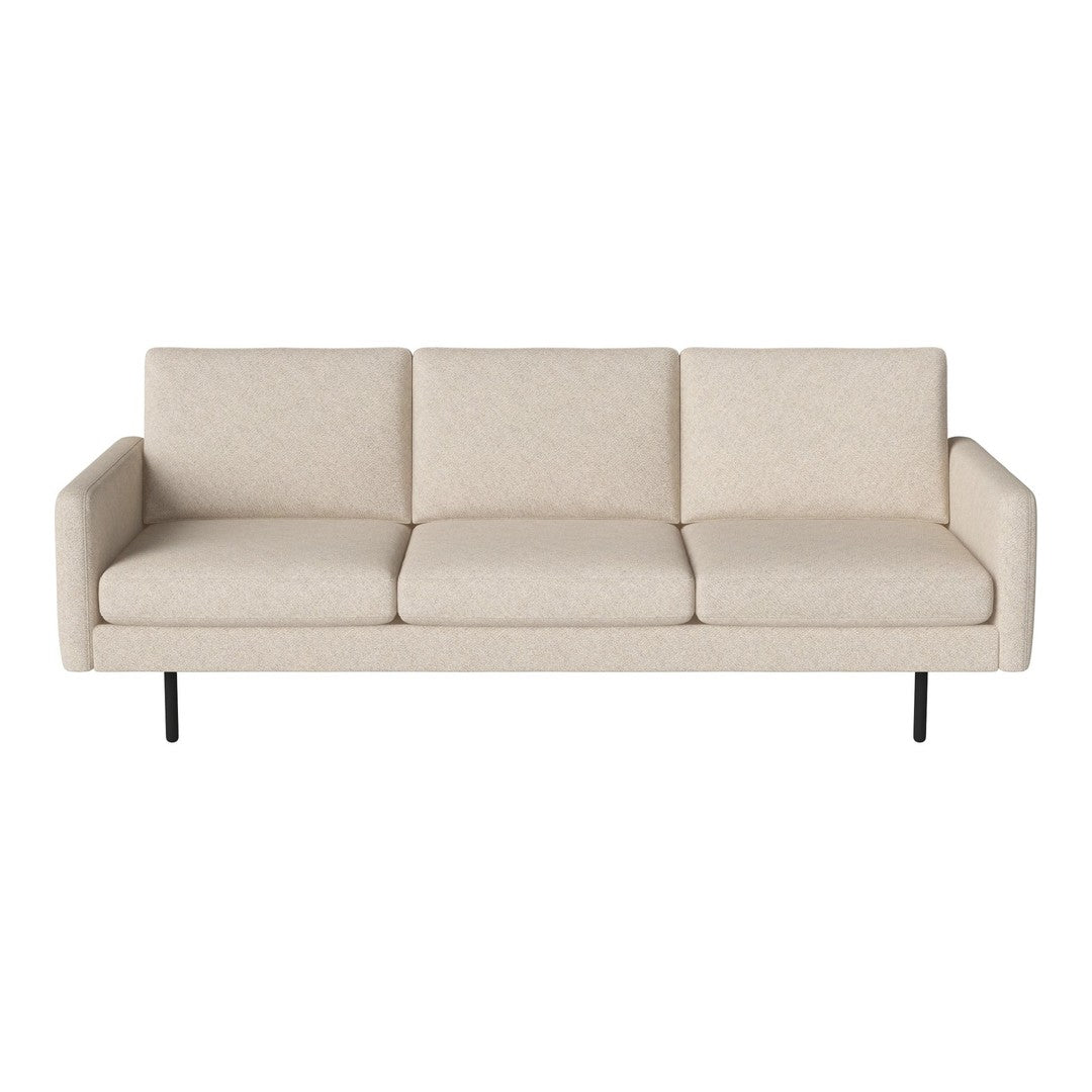 Beige three-seater sofa with a textured fabric pattern and sleek black metal legs. Ideal for modern living spaces.