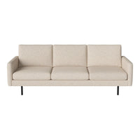 Light beige three-seater sofa with a textured fabric and minimalist design, featuring black metal legs.