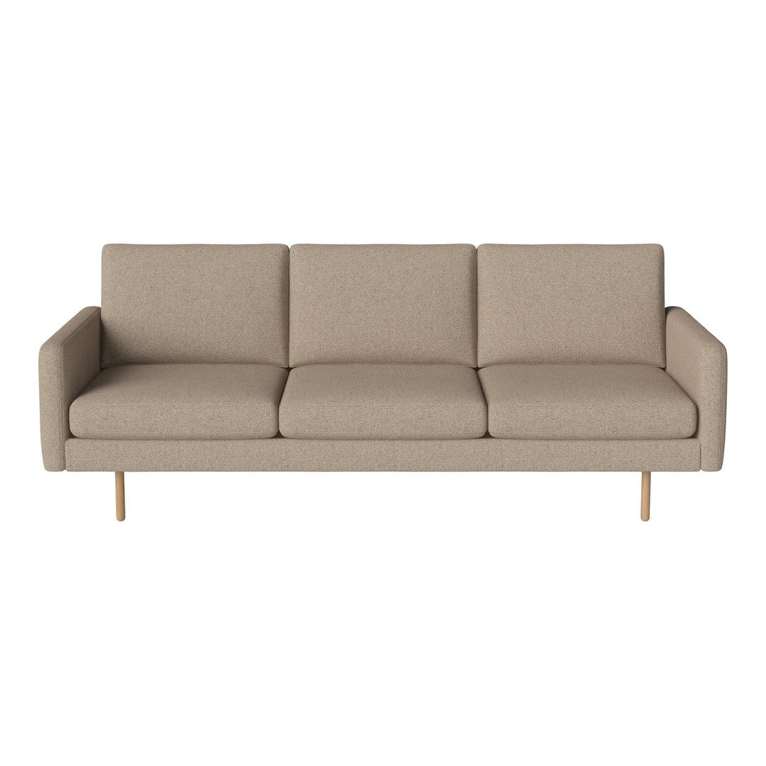 Light beige sofa with a smooth, textured fabric, featuring a minimalist design and wooden legs.