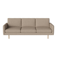 Light beige sofa with a smooth, textured fabric, featuring a minimalist design and wooden legs.