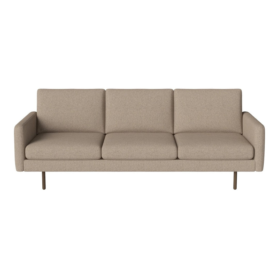 Beige upholstered sofa with a minimalist design and no visible patterns, featuring sleek metal legs.