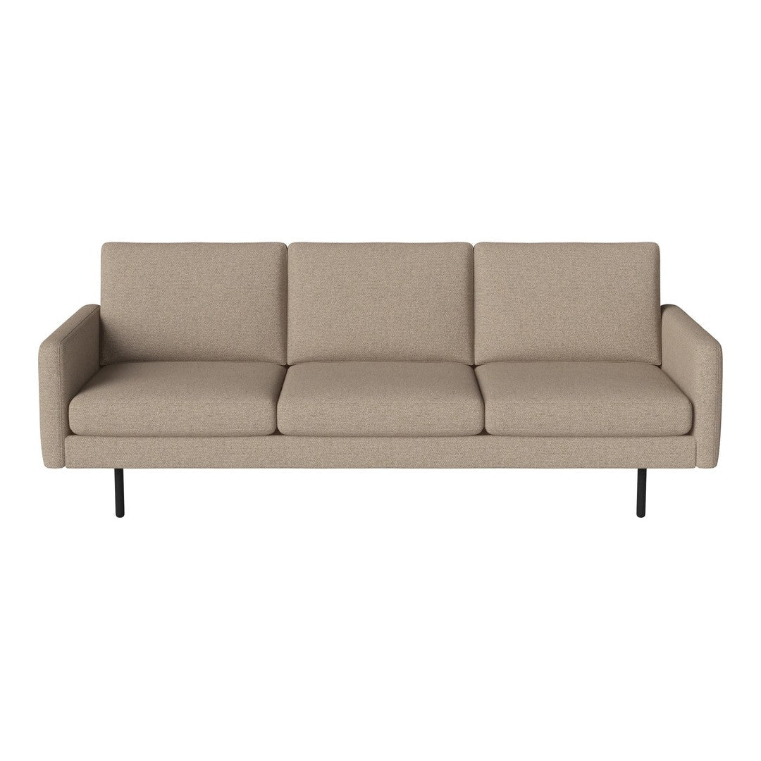 Beige three-seater sofa with a minimalist design and smooth fabric upholstery on black metal legs.