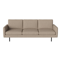 Beige linen three-seat sofa with straight lines and minimalist design, featuring black metal legs.