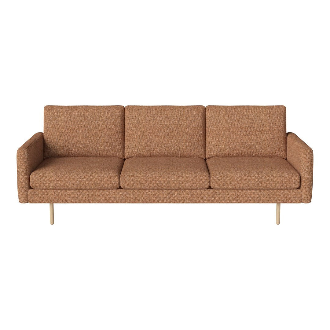 Mid-century modern sofa in warm brown fabric with a smooth texture and simple, clean lines. Ideal for stylish living rooms.