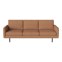 Brown upholstered three-seat sofa with a modern design and simple lines. Ideal for contemporary living spaces.
