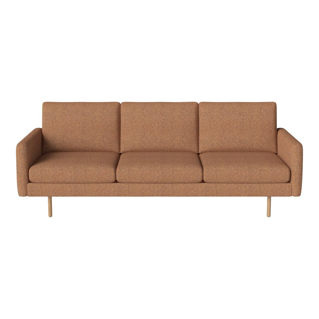 Mid-century modern sofa in warm brown fabric with clean lines and sleek gold legs. Perfect for stylish living spaces.
