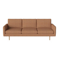 Mid-century modern sofa in warm brown fabric with clean lines and sleek gold legs. Perfect for stylish living spaces.