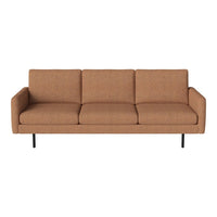 Modern three-seater sofa in rich brown fabric with subtle texture, featuring sleek black metal legs.