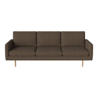 Brown fabric three-seat sofa with a modern design and clean lines, showcasing a textured weave and light wood legs.