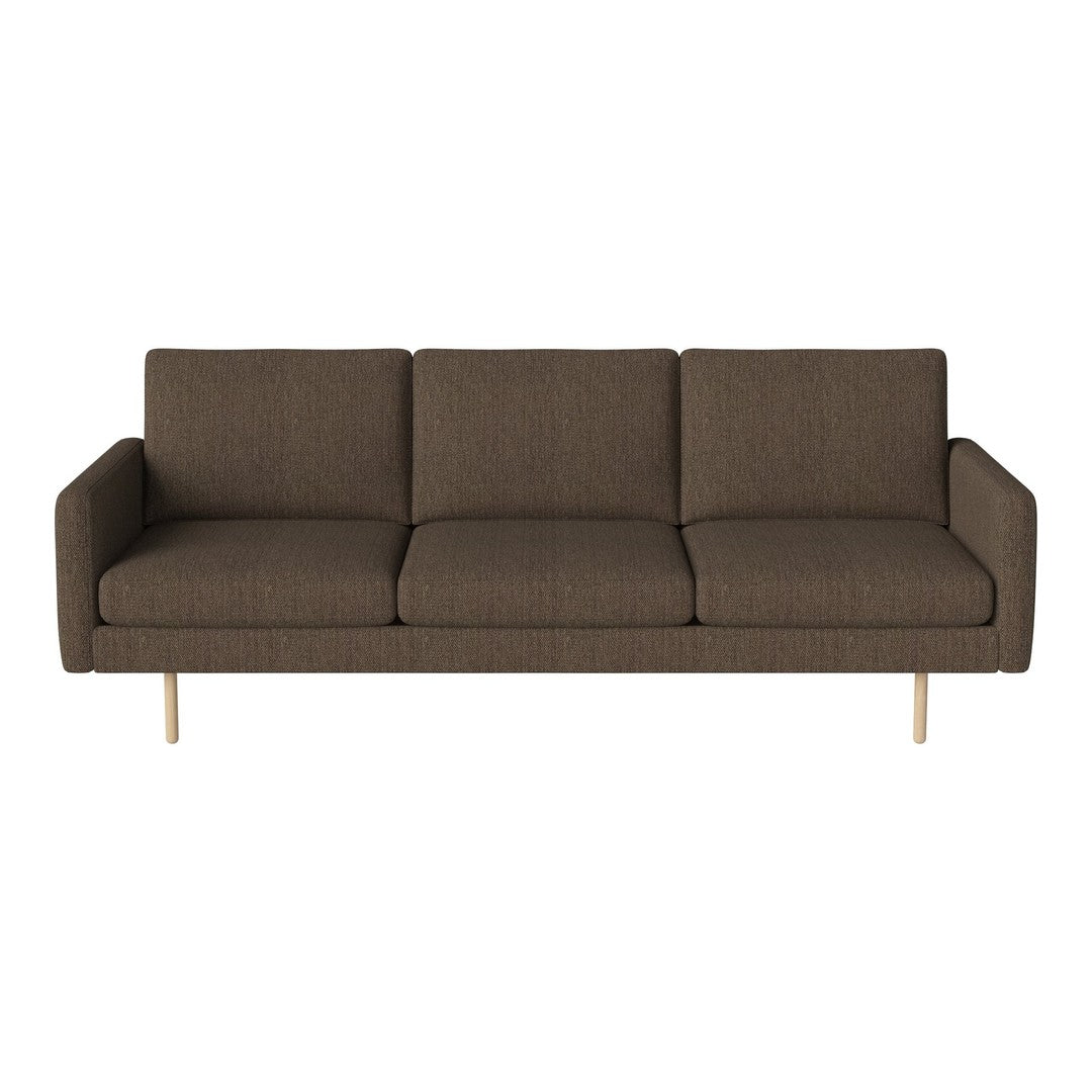 Brown fabric sofa with a simple, modern design and wooden legs, featuring a smooth texture and clean lines.