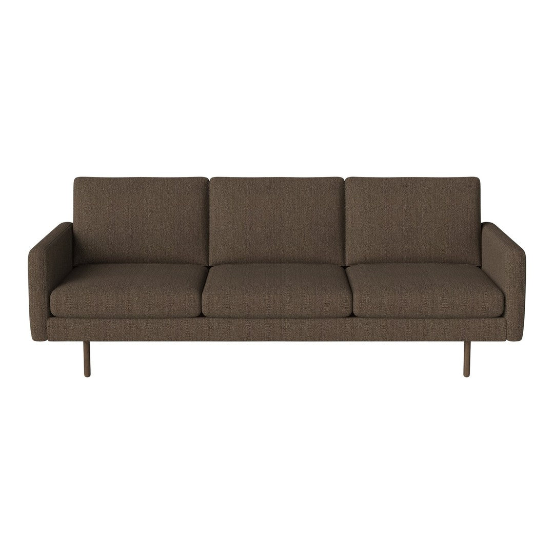 Brown upholstered three-seater sofa with clean lines and a textured fabric pattern. Perfect for modern living spaces.