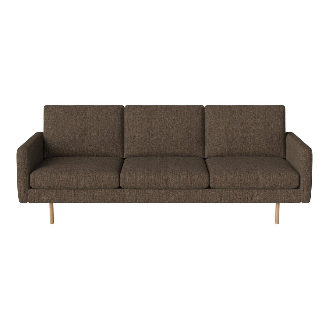 Brown fabric three-seater sofa with textured surface and light wooden legs. Simple, modern design for any living space.