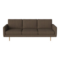 Brown fabric three-seater sofa with textured surface and light wooden legs. Simple, modern design for any living space.