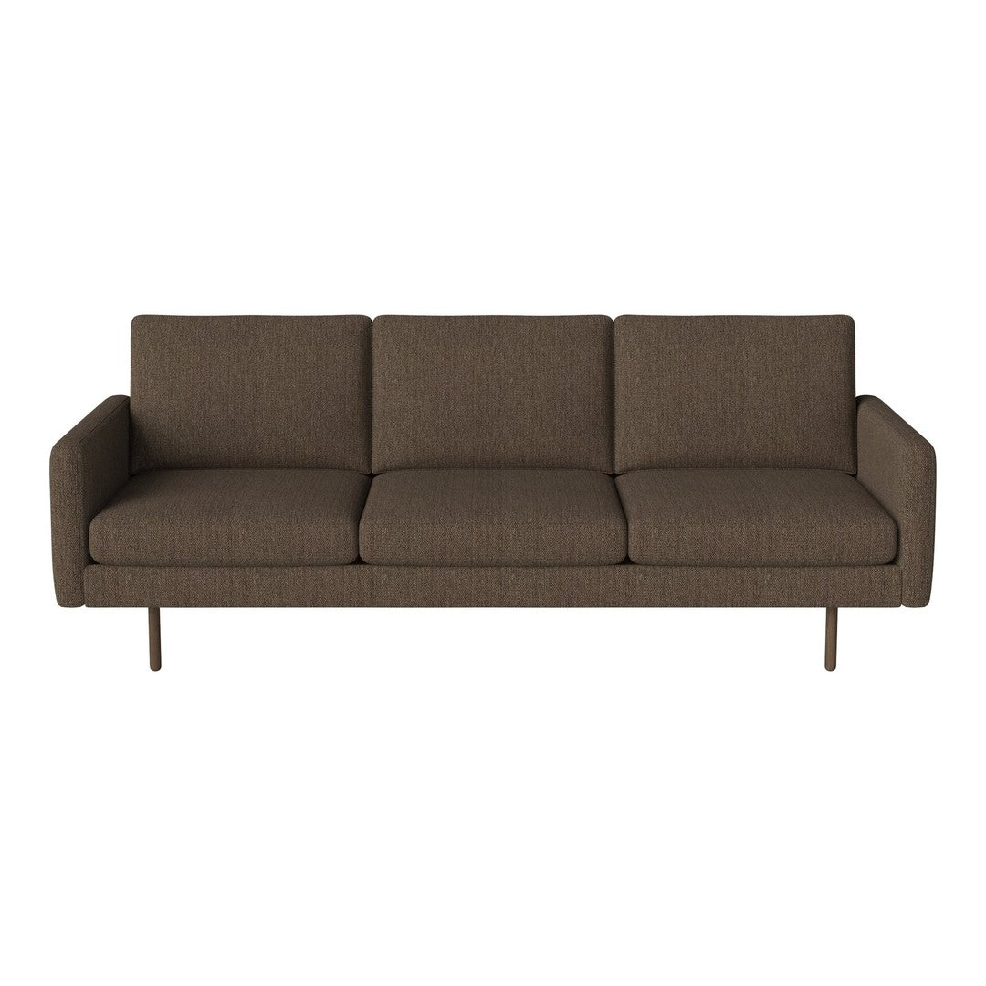 Brown fabric sofa with a sleek, minimalist design and clean lines, featuring a textured finish.