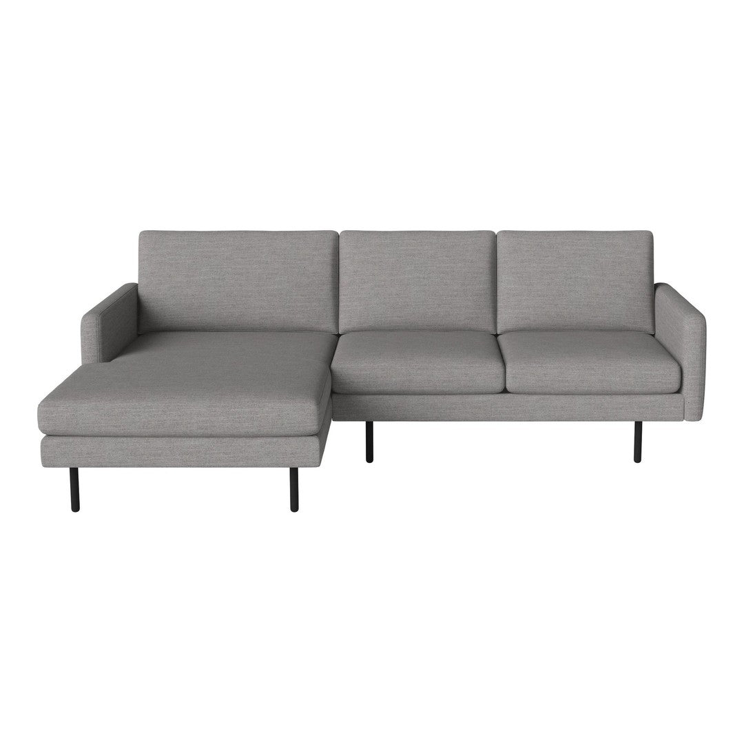 Gray sectional sofa with sleek lines and a modern design, featuring a textured fabric pattern.
