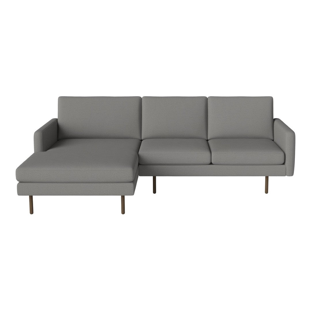 Gray sectional sofa with clean lines and smooth upholstery, featuring a modern minimalist design and sleek gold legs.