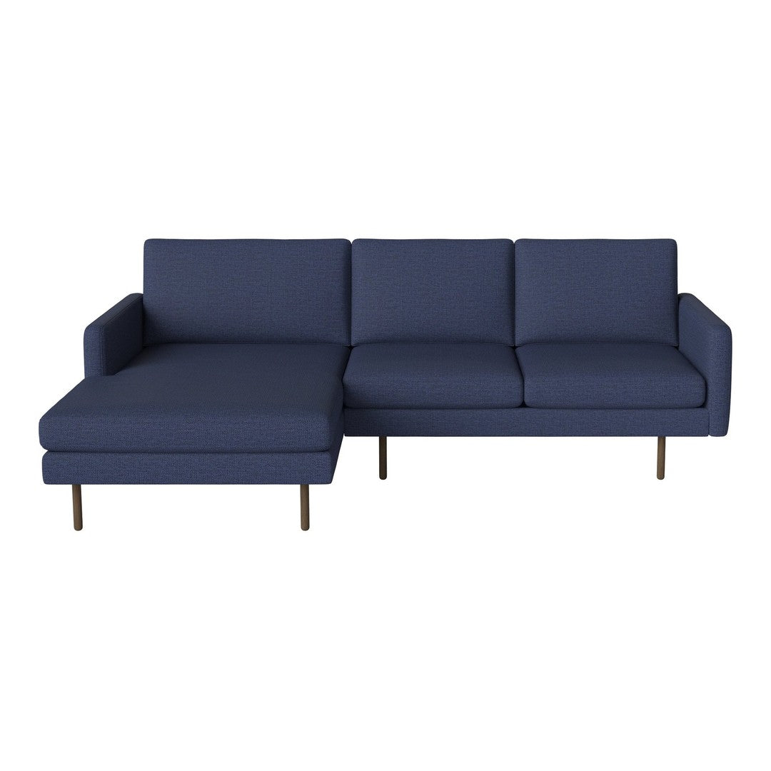Modern navy blue sectional sofa with clean lines and sleek gold legs, perfect for contemporary home decor.