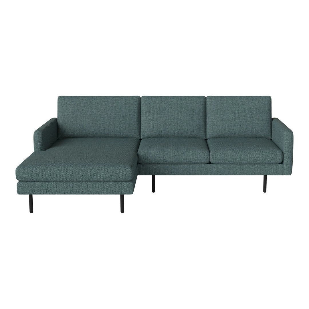 Teal fabric chaise lounge sofa with subtle vertical stripes. Modern minimalist design with black metal legs.