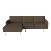 Brown textured fabric sectional sofa with sleek wooden legs, featuring a modern minimalist design. Ideal for contemporary spaces.
