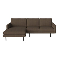 Brown upholstered sectional sofa with a simple, textured pattern and black metal legs. Perfect for modern living spaces.