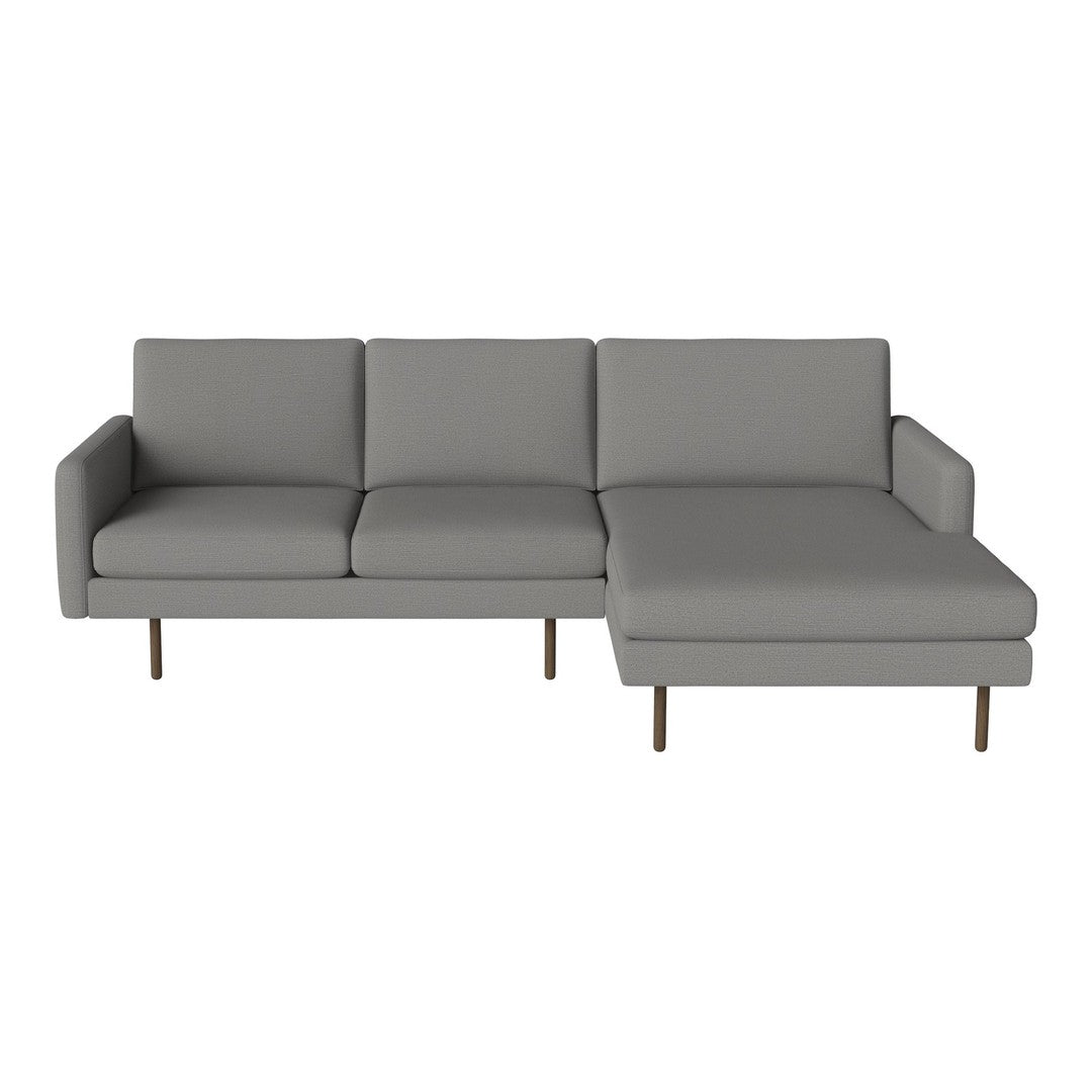 Modern gray sectional sofa with a sleek design and subtle texture, featuring gold metal legs for a stylish touch.
