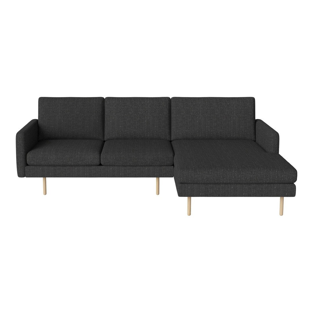 Dark gray upholstered sectional sofa with a sleek, modern design and wooden legs. Perfect for contemporary living spaces.
