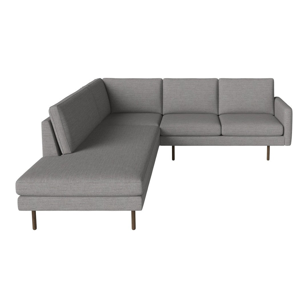 Gray L-shaped sectional sofa with clean lines and minimalistic design, featuring subtle texture on the fabric upholstery.