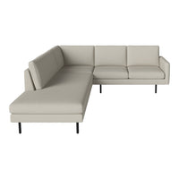 "Light gray L-shaped sectional sofa with sleek lines and minimalist design."