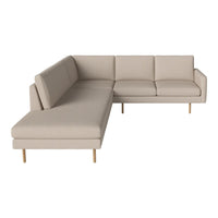 Beige modern sectional sofa with a minimalist design and smooth fabric texture, featuring light wood legs.