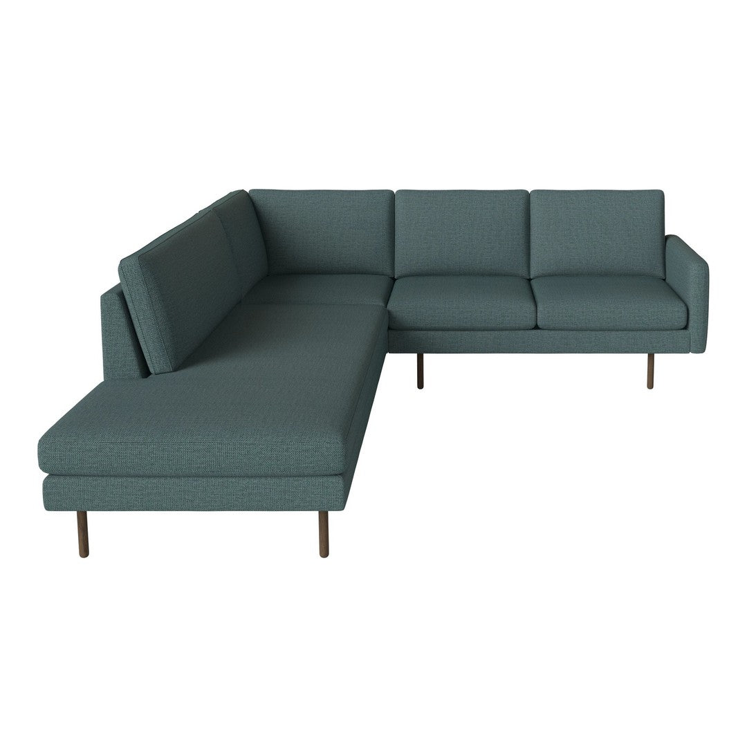 Teal L-shaped sectional sofa with clean lines and subtle textured pattern, featuring wooden legs for a modern touch.