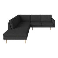 Modern gray sectional sofa with a textured fabric and light wooden legs, featuring a minimalist design.