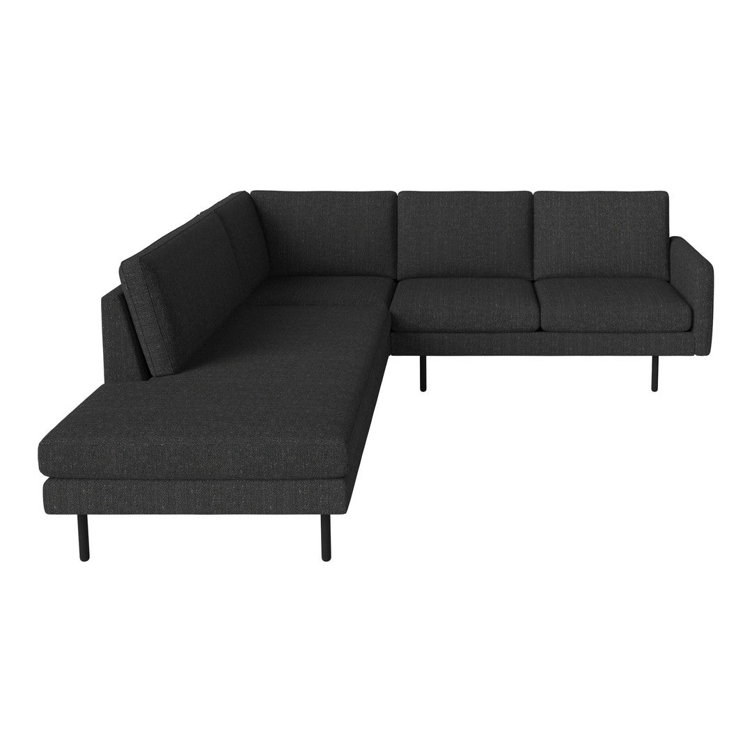 Dark gray sectional sofa with a smooth fabric finish and minimalist design, featuring clean lines and no visible patterns.