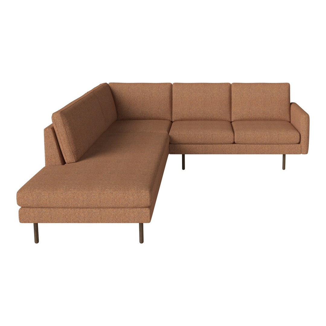 Modern sectional sofa in warm, earthy brown fabric with a minimalist design and sleek metal legs.