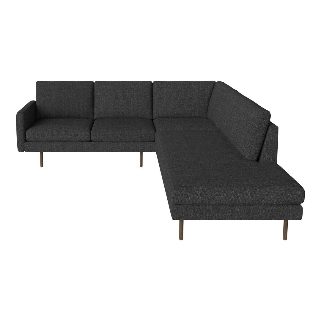Modern dark gray sectional sofa with a sleek linen texture and minimalist design, featuring clean lines and tapered legs.