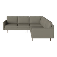 Modern gray sectional sofa with clean lines and minimalist design, featuring solid color upholstery and wooden legs.